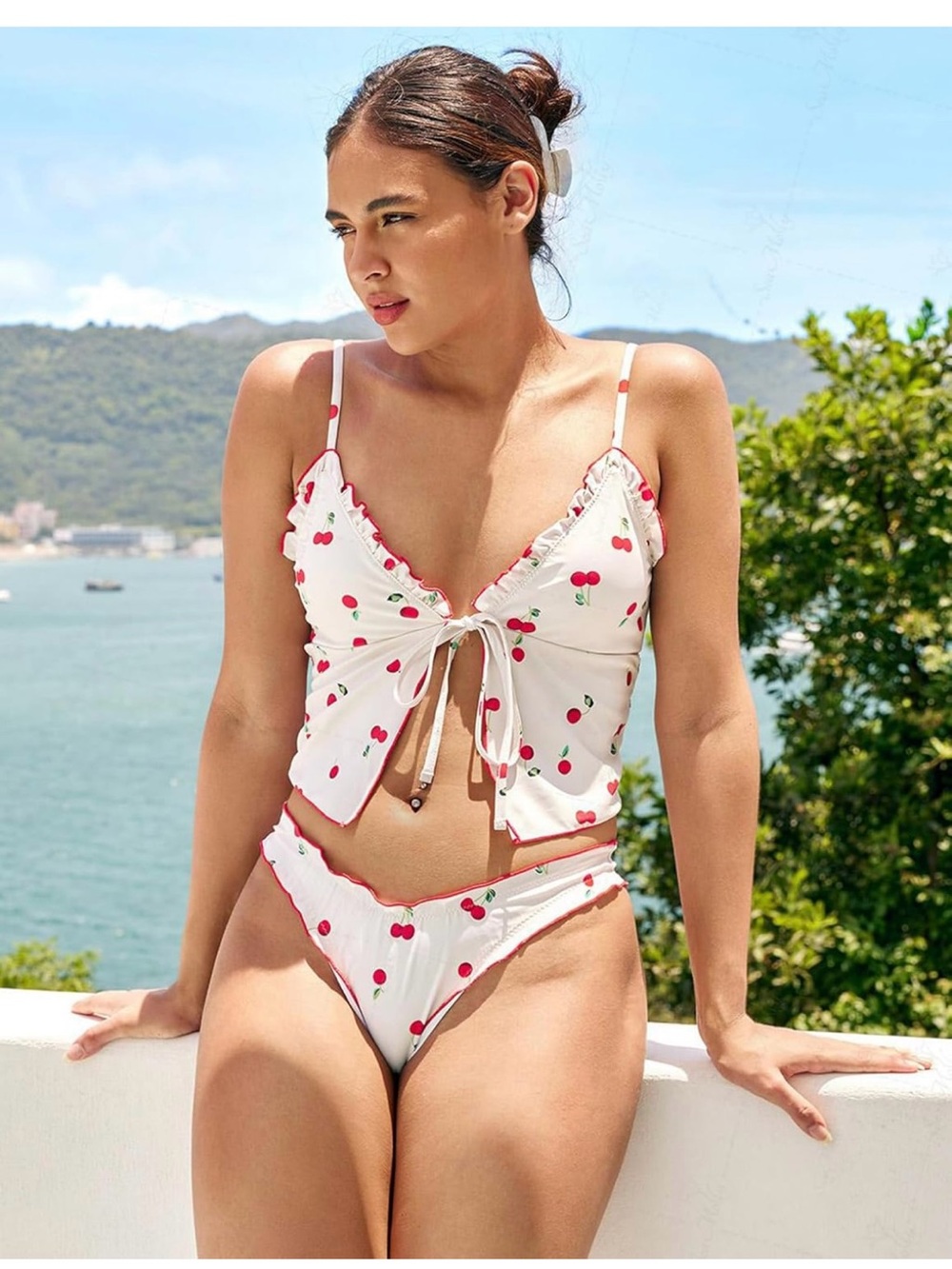 White Cherry-Print Tie-Front Bikini Top & Briefs - White with Red Cherry
